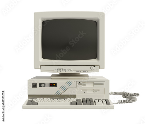 Vintage desktop PC isolated on transparent background. 3D illustration