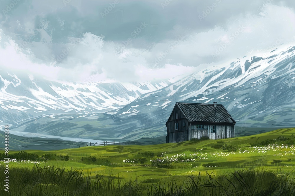 Obraz premium Scenic Illustration of a Hilltop House with Valley Overlook