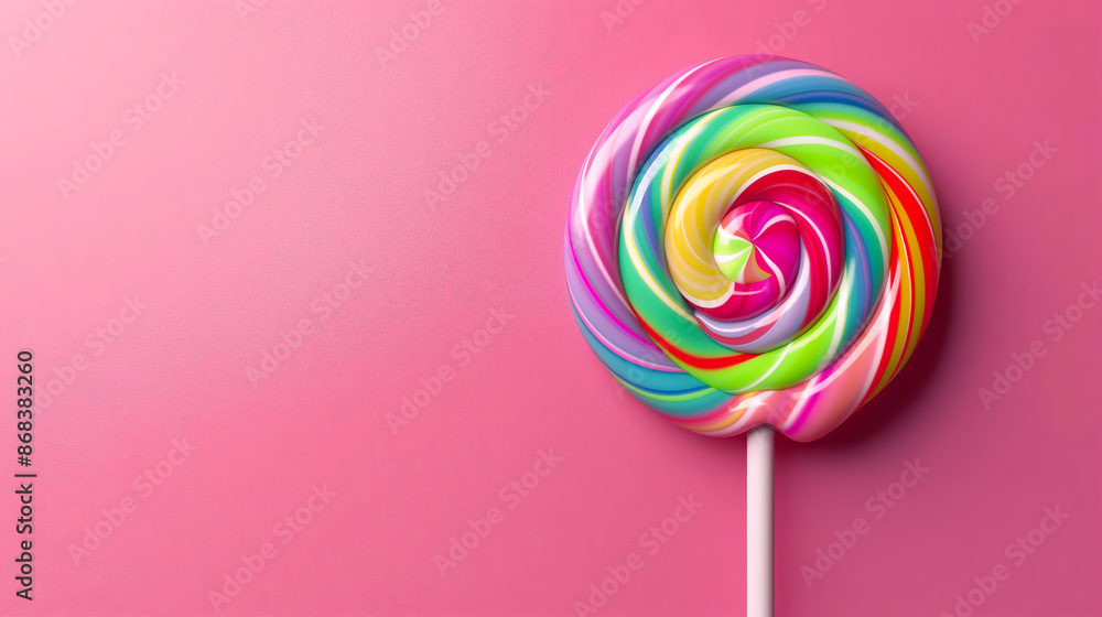 Lollipop on a stick on a pink background, Colorful sweet treat lolly for kids with copy space Lollipop on a stick on a pink background, Colorful sweet treat lolly for kids with copy space