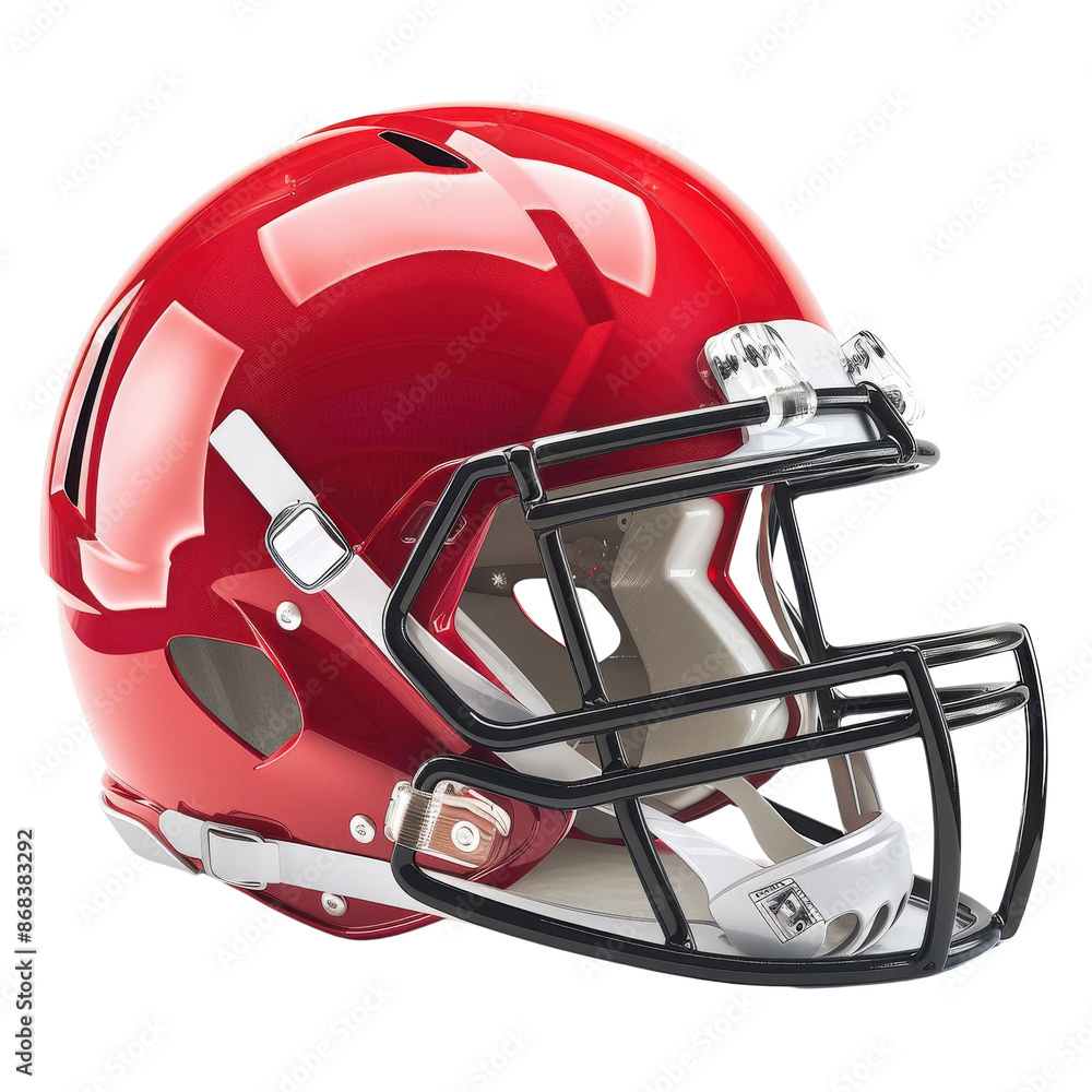 Fototapeta premium Red football helmet with protective face guard isolated on white background, high-resolution image for sporting events or equipment use.