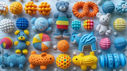 Brightly colored children's toys arranged in a playful pattern on a light blue background. Suitable for playful themes.