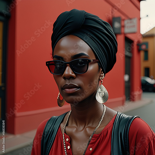 portrait of a black woman with turban and sunglasses in front of a red background with copy space, fictional person