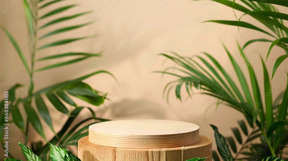 Wooden Platform with Green Plants Background Wooden Platform with Green Plants Background