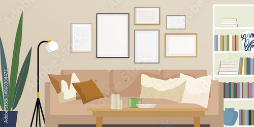 Empty photo frames in interior with beige sofa and side table. Horizontal cozy interior with a mock-up pictures on the wall.  Vector illustration.