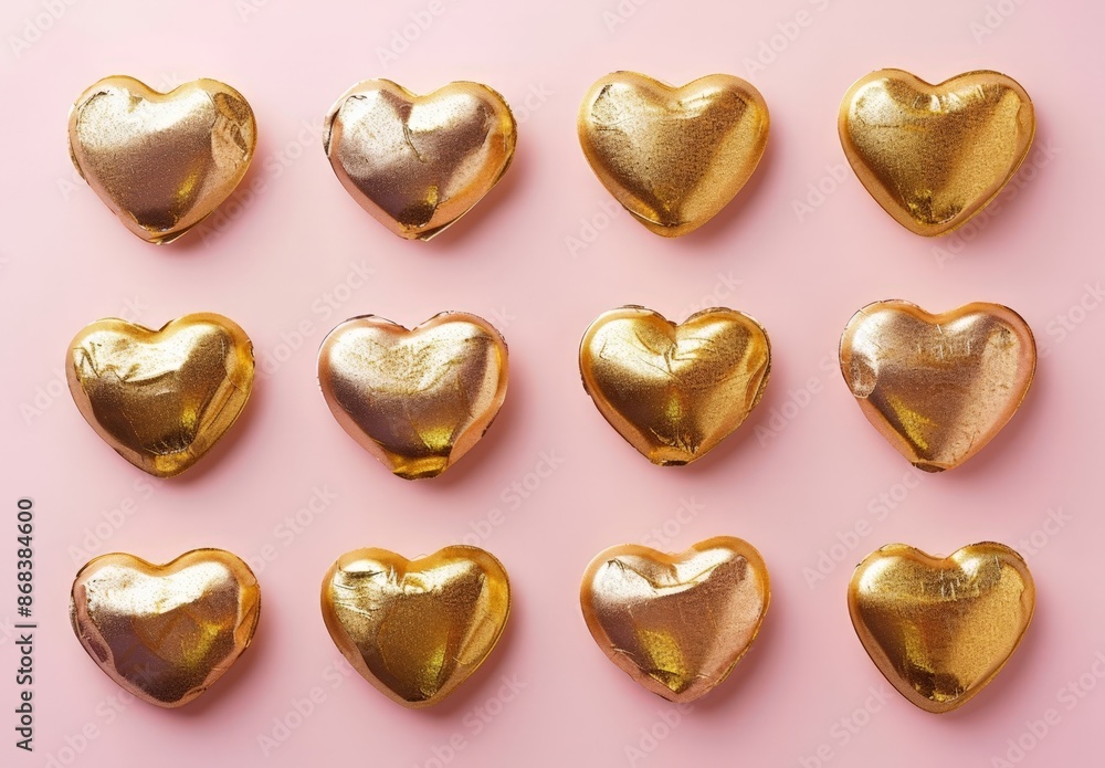 Shiny Gold Heart Shapes on Pink Background Shiny Gold Heart Shapes on Pink Background
