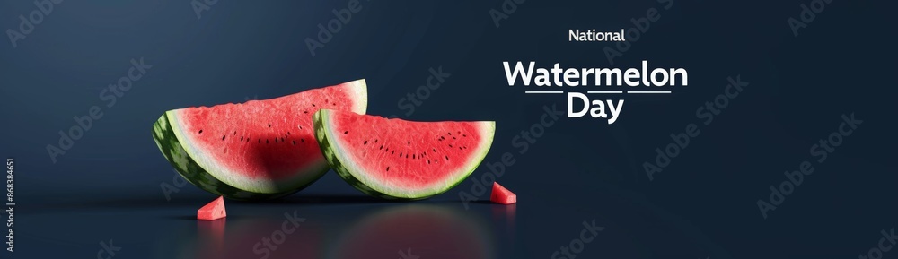 a slice or whole watermelon in pink, red and green colors on a dark blue background. National Watermelon Day banner with watermelons on a dark background. graphic design template for web or print a slice or whole watermelon in pink, red and green colors on a dark blue background. National Watermelon Day banner with watermelons on a dark background. graphic design template for web or print