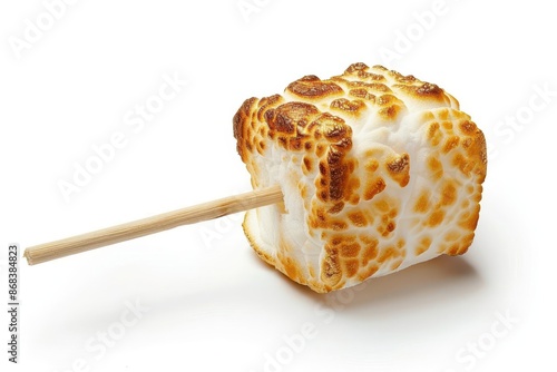 golden toasted marshmallow on stick gooey campfire treat isolated on white high resolution photo