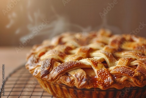 goldencrusted apple pie with lattice top steam rising from freshly baked filling warm inviting colors and rustic charm isolated on a neutral background with soft shadows photo