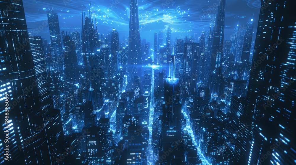 Futuristic Cityscape at Night with Neon Lights and Skyscrapers Futuristic Cityscape at Night with Neon Lights and Skyscrapers