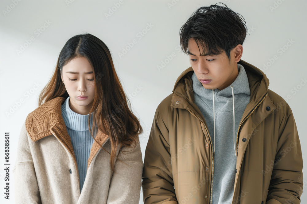 Young asian couple showing mistrust with each others smartphones Young asian couple showing mistrust with each others smartphones
