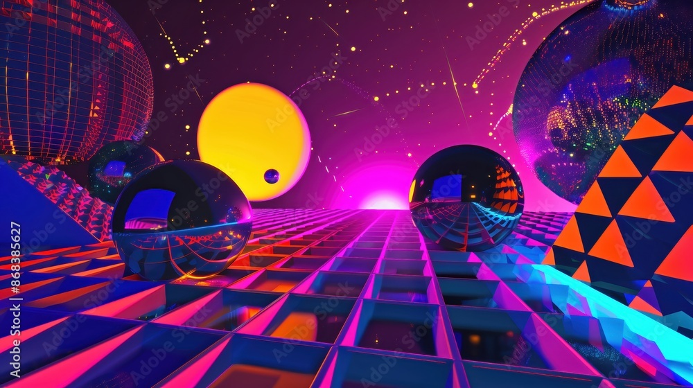Fototapeta premium New Nostalgia: Abstract 90s Disco Scene with Vibrant Colors, Geometric Shapes, and Futuristic Elements