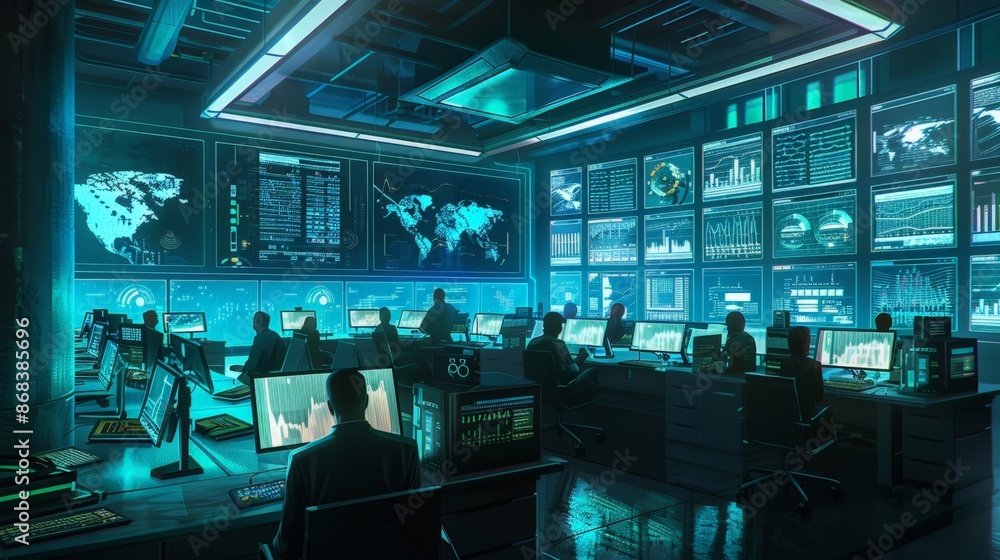 High-Tech Control Room with Glowing Screens and Multiple Workstations High-Tech Control Room with Glowing Screens and Multiple Workstations