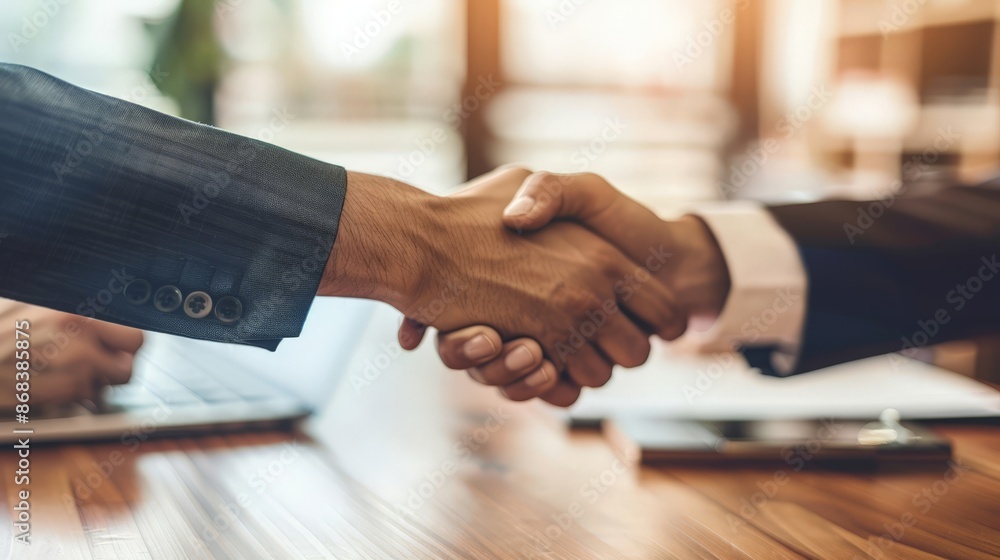 Business Professionals Shaking Hands over a Table with a Laptop Business Professionals Shaking Hands over a Table with a Laptop