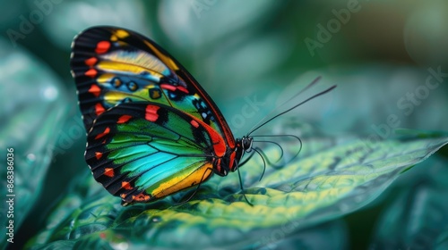 A vibrant butterfly with eyelike wing pattern is perched on a leaf in the lush, green surroundings of its habitat AIG62 photo