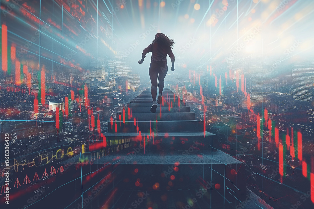 Businessman run up the stairs isometric vector illustration, an ...