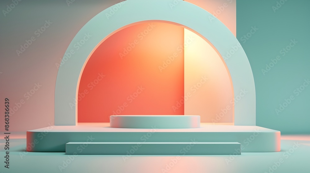Vibrant 3D Retro Backdrop with Curved Wall and Minimalist Display Platform Vibrant 3D Retro Backdrop with Curved Wall and Minimalist Display Platform