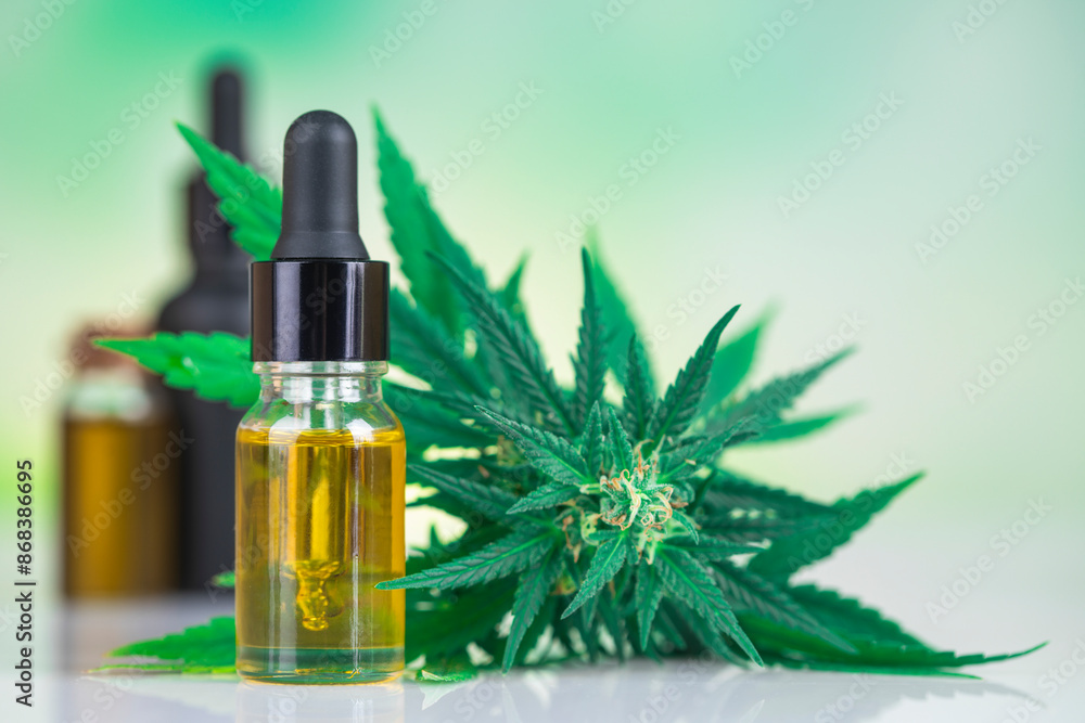 Fototapeta premium Cbd hemp oil in bottle and marijuana leaves