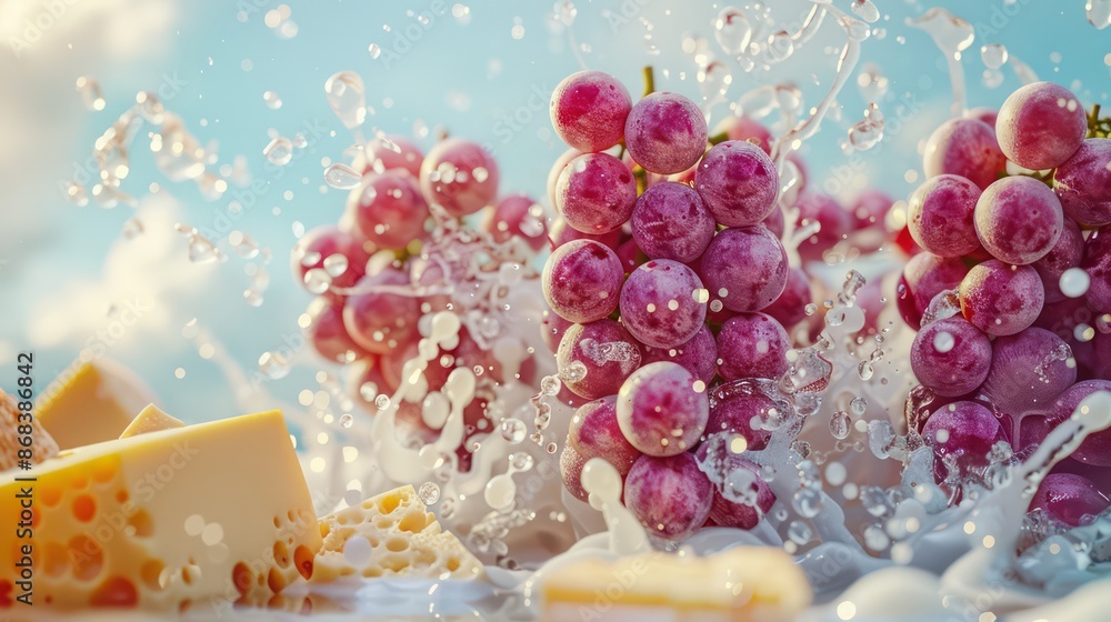 Purple grapes, water splashing, bits of cheese surrounding the grapes. Contrasting with the background is a bright blue sky. Purple grapes, water splashing, bits of cheese surrounding the grapes. Contrasting with the background is a bright blue sky.