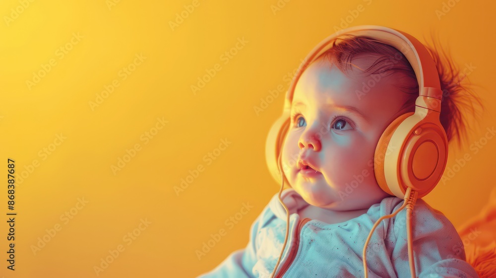 A baby in headphones poster with copy space - Fictional Person, isolated studio color background A baby in headphones poster with copy space - Fictional Person, isolated studio color background