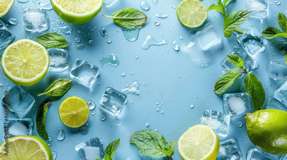 Slice lemons. Ice half a lemon and drizzle with water. pastel blue background Slice lemons. Ice half a lemon and drizzle with water. pastel blue background