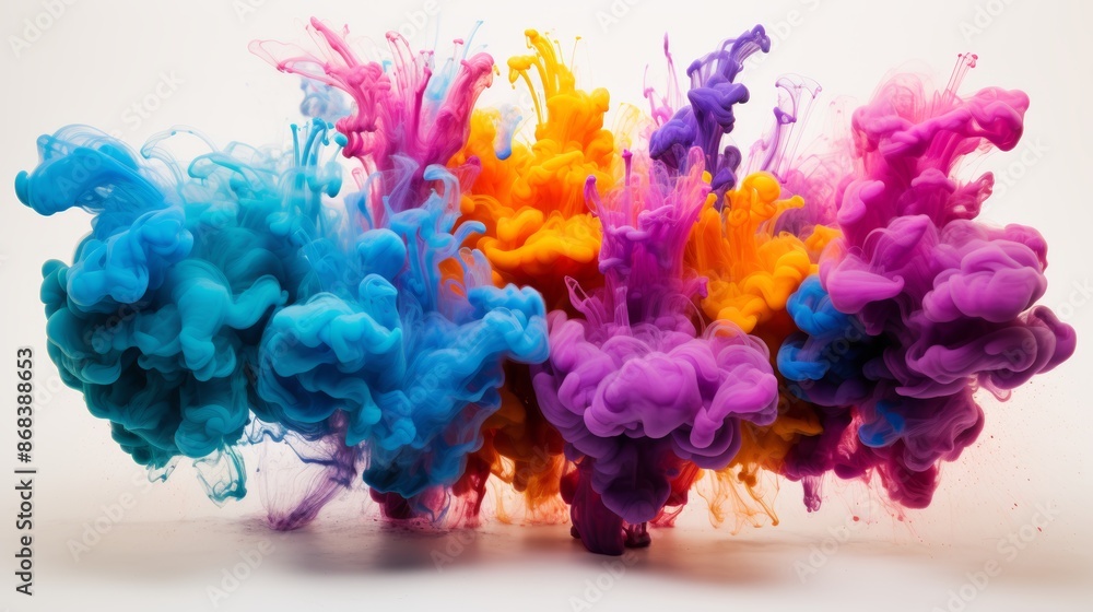 Fototapeta premium Vibrant cmyk toner burst on white backdrop, dynamic creativity in printing process