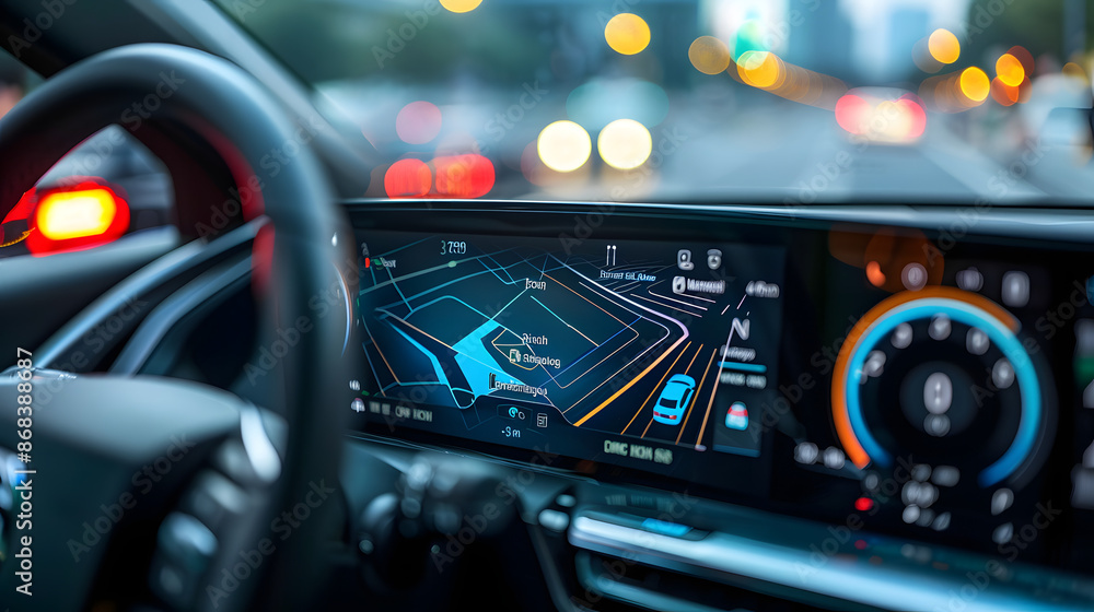 Close-up of a modern car dashboard featuring integrated navigation and control systems. The digital display shows detailed maps and vehicle information, highlighting advanced automotive technology. Close-up of a modern car dashboard featuring integrated navigation and control systems. The digital display shows detailed maps and vehicle information, highlighting advanced automotive technology.