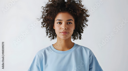 Close-up portrait of a young woman with natural curly hair wearing a light blue t-shirt, exuding confidence and calmness. Perfect for fashion, lifestyle, and beauty themes.