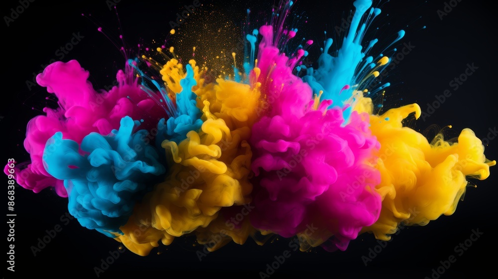 Fototapeta premium Vibrant cmyk toner explosion cyan, magenta, yellow, black splatters on white background
