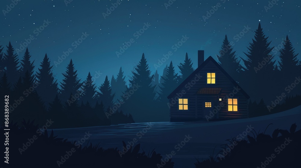 Solitary House with Glowing Windows in a Misty Forest Under the Night Sky Solitary House with Glowing Windows in a Misty Forest Under the Night Sky