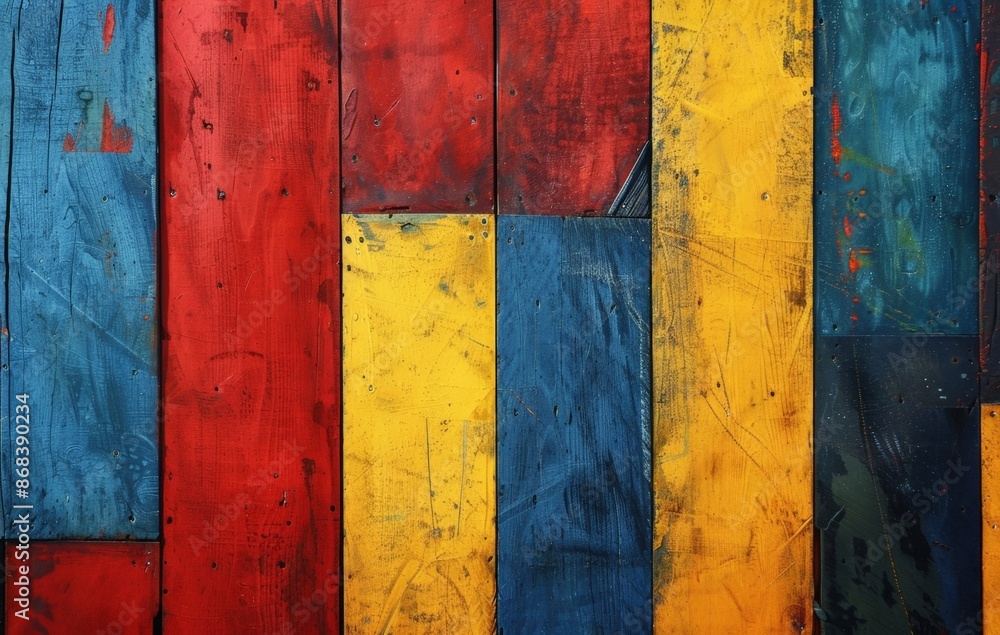 Naklejka premium Vibrant Wooden Wall Art with Stripes of Red, Blue, Yellow, and Orange