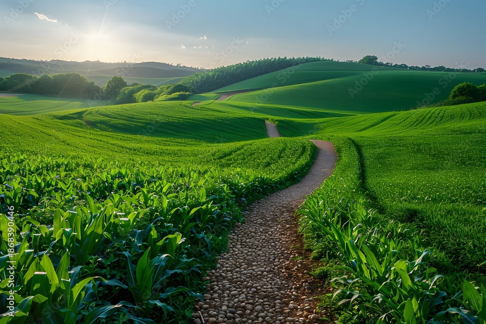 Naklejka premium Scenic Rural Landscape with Winding Stone Path and Rolling Green Hills during Sunset - Ideal for Travel, Nature and Scenic Prints