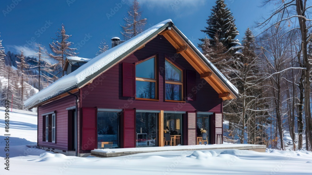 ski lodge with thermal-insulated Bahama shutters in deep burgundy, providing warmth and a pop of color against the snowy landscape ski lodge with thermal-insulated Bahama shutters in deep burgundy, providing warmth and a pop of color against the snowy landscape