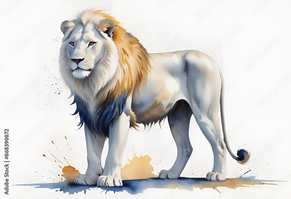 Obraz premium Majestic white lion with golden mane on a plain white background, detailed watercolor, bold navy blue and yellow color scheme. Ideal for any print or digital project.