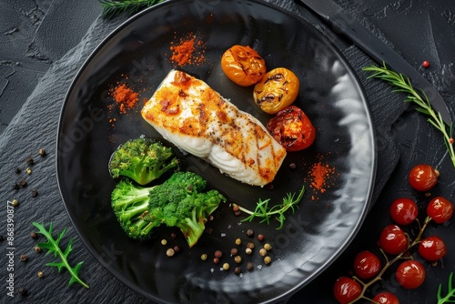 Baked Halibut Fillet and Broccoli Top View. Grilled Flatfish or Sole Fish on Natural Black Stone Background photo