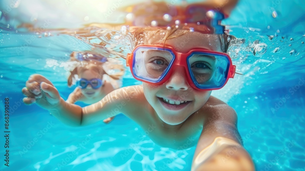 Naklejka premium Kids in swimming pool. Children swim. Family fun.