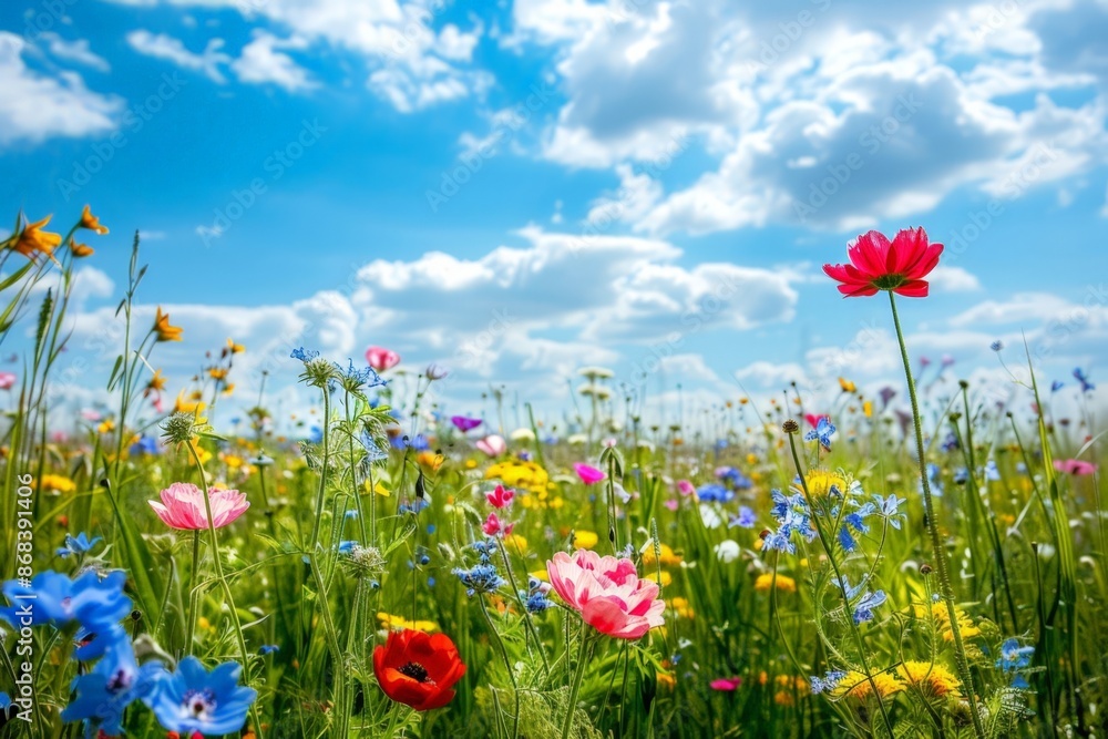 Vibrant Wildflower Field Under Clear Blue Sky Vibrant Wildflower Field Under Clear Blue Sky