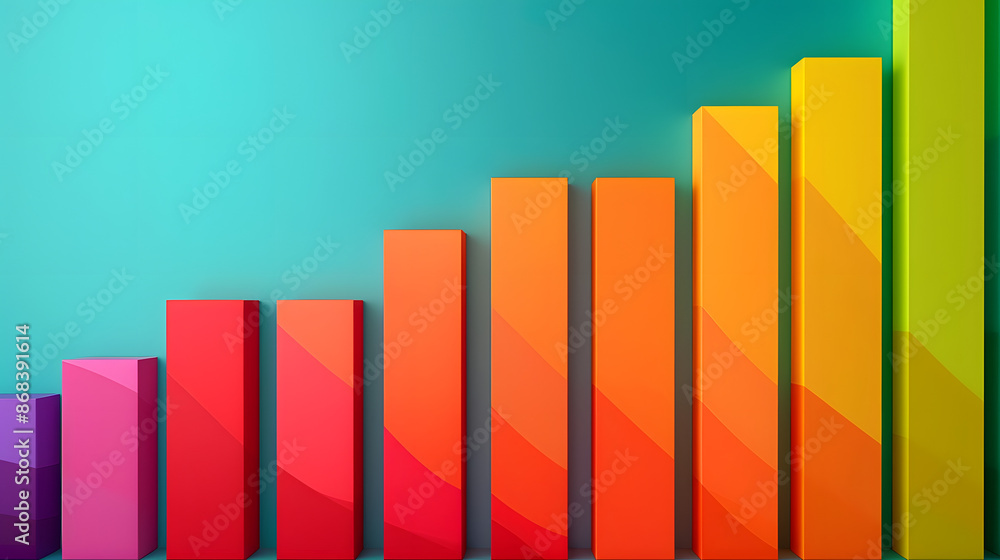 A vibrant 3D bar graph in a range of bright colors set against a teal background, representing data visualization and analytics. Ideal for business, technology, and education themes.