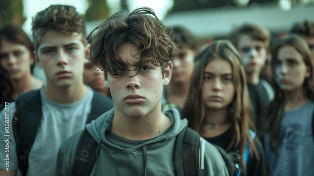 Fototapeta premium A group of disgruntled or disenfranchised looking school kids.