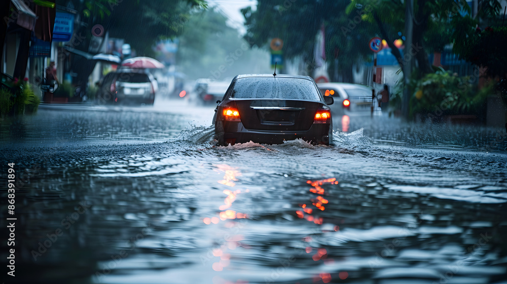 Cars drive through a heavily flooded city street during a rainstorm, reflecting the challenges of urban flooding and severe weather conditions. Perfect for themes of weather, transportation, and emerg Cars drive through a heavily flooded city street during a rainstorm, reflecting the challenges of urban flooding and severe weather conditions. Perfect for themes of weather, transportation, and emerg