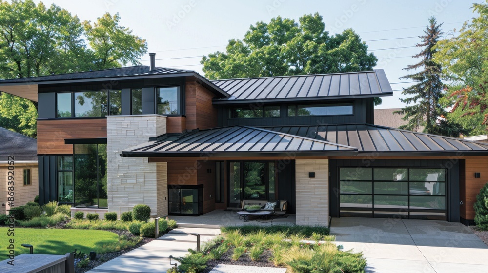 Fototapeta premium Modern house with corrugated metal roof sleek and durable roofing solution. Concept Metal Roofing, Modern Architecture, Sustainable Design, Corrugated Metal, Sleek Roofing