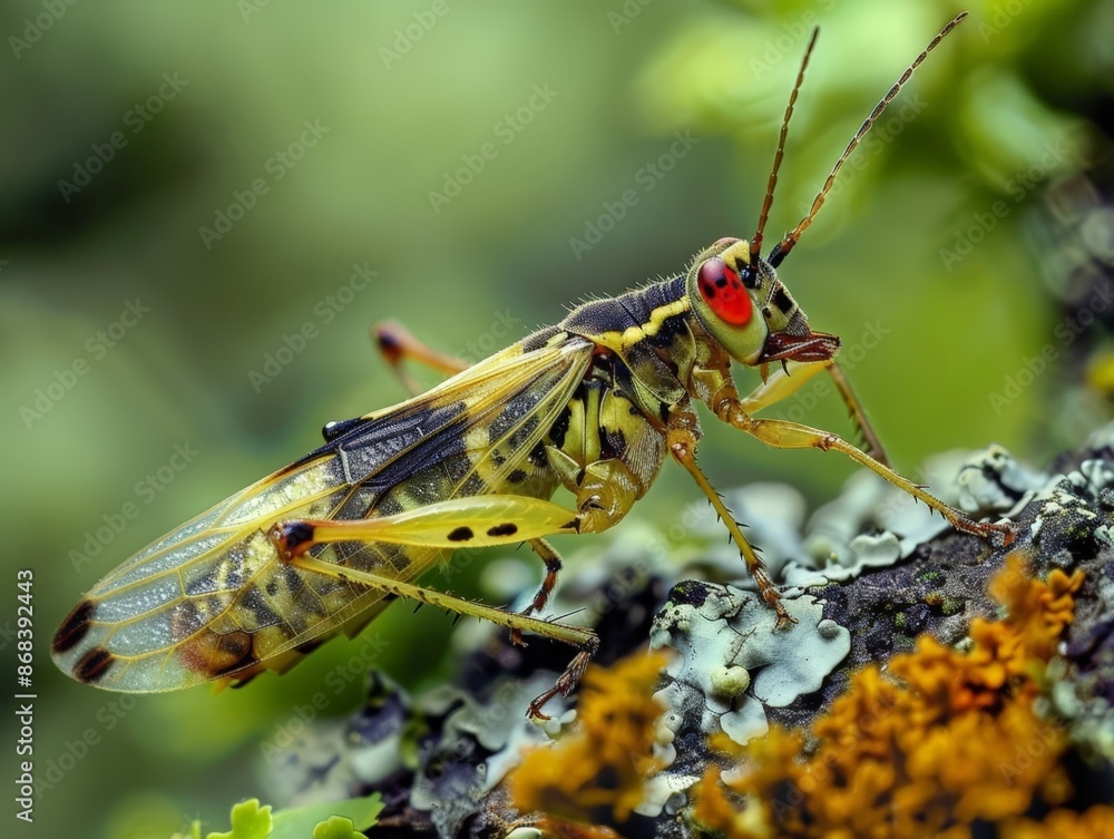 Vividly Colored Cicada Perched on Mossy Rock Vividly Colored Cicada Perched on Mossy Rock