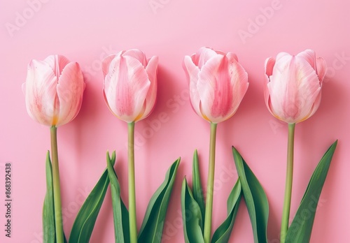 Pink Tulips with Green Stems on a Pink Background