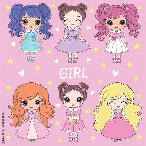 Cute princess girls in a dress with a crown. Vector set of illustrations of princesses. Girly vector collection.
