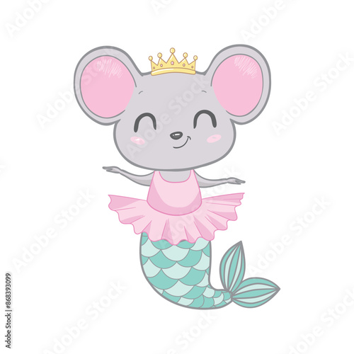 Cute gray mouse. Mermaid mouse. Vector illustration in cartoon flat style. White background. Year of the mouse.