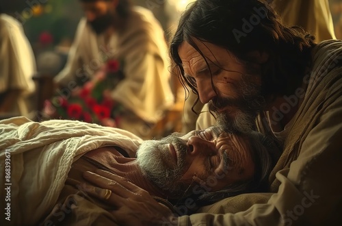 Depiction of Jesus performing a miracle by resurrecting an elderly man. Illustrating the concept of Jesus healing the sick and wounded, showcasing the miracles and grace found in the Bible.