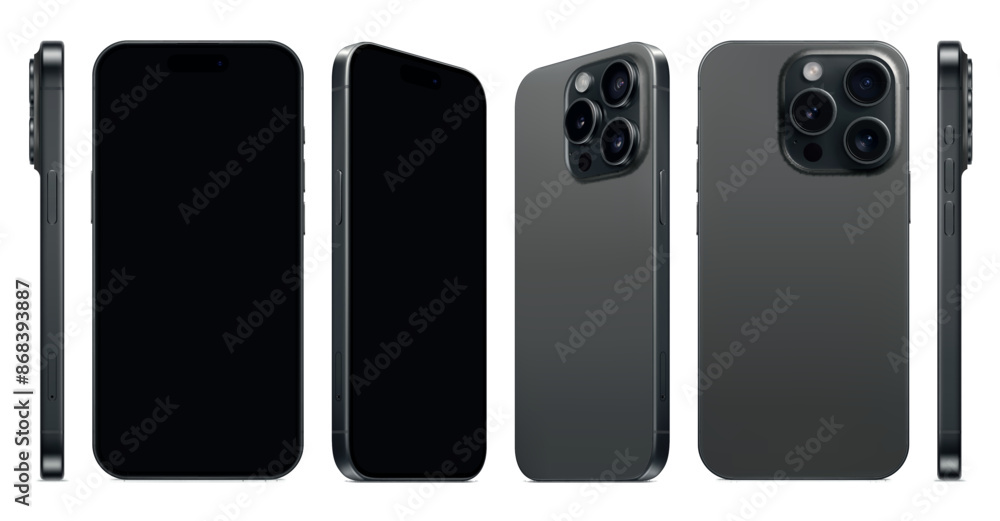 new frameless smartphone gray color with black screen, front back and side view, isolated on white background. mockup of realistic mobile phone with shadow. vector 3d isometric illustration new frameless smartphone gray color with black screen, front back and side view, isolated on white background. mockup of realistic mobile phone with shadow. vector 3d isometric illustration
