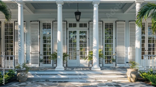 Southern plantation with elegant white Bahama shutters, enhancing the grandeur while providing practical shade