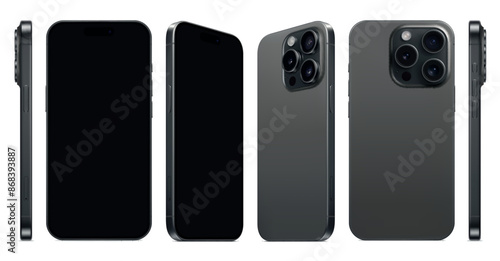 new frameless smartphone gray color with black screen, front back and side view, isolated on white background. mockup of realistic mobile phone with shadow. vector 3d isometric illustration