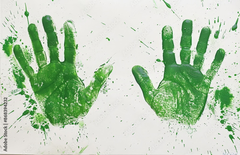 Green Handprint Splatter Art on White Background Green Handprint Splatter Art on White Background