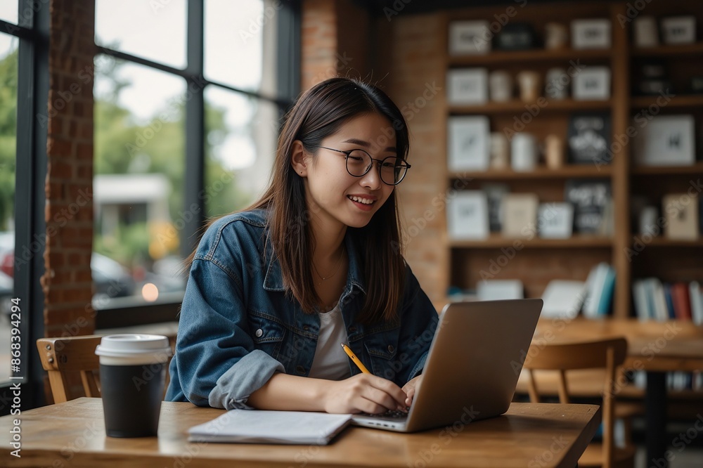 A young positive Asian female college student studying online and doing homework at a coffee shop A young positive Asian female college student studying online and doing homework at a coffee shop